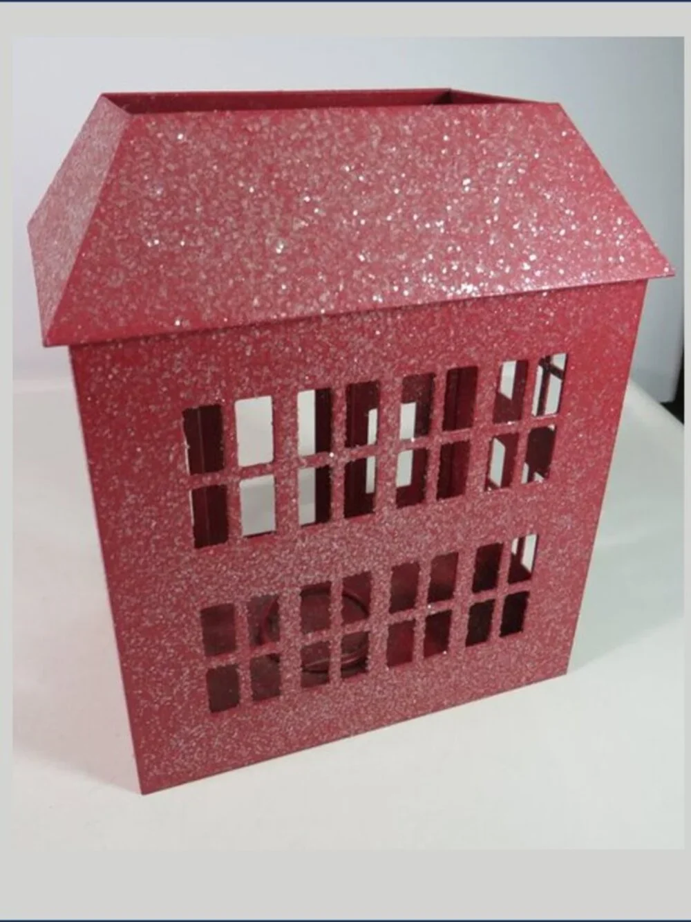 Red Metal House Luminary Glitter Tea Light Candle Holder Removable Roof Wreath